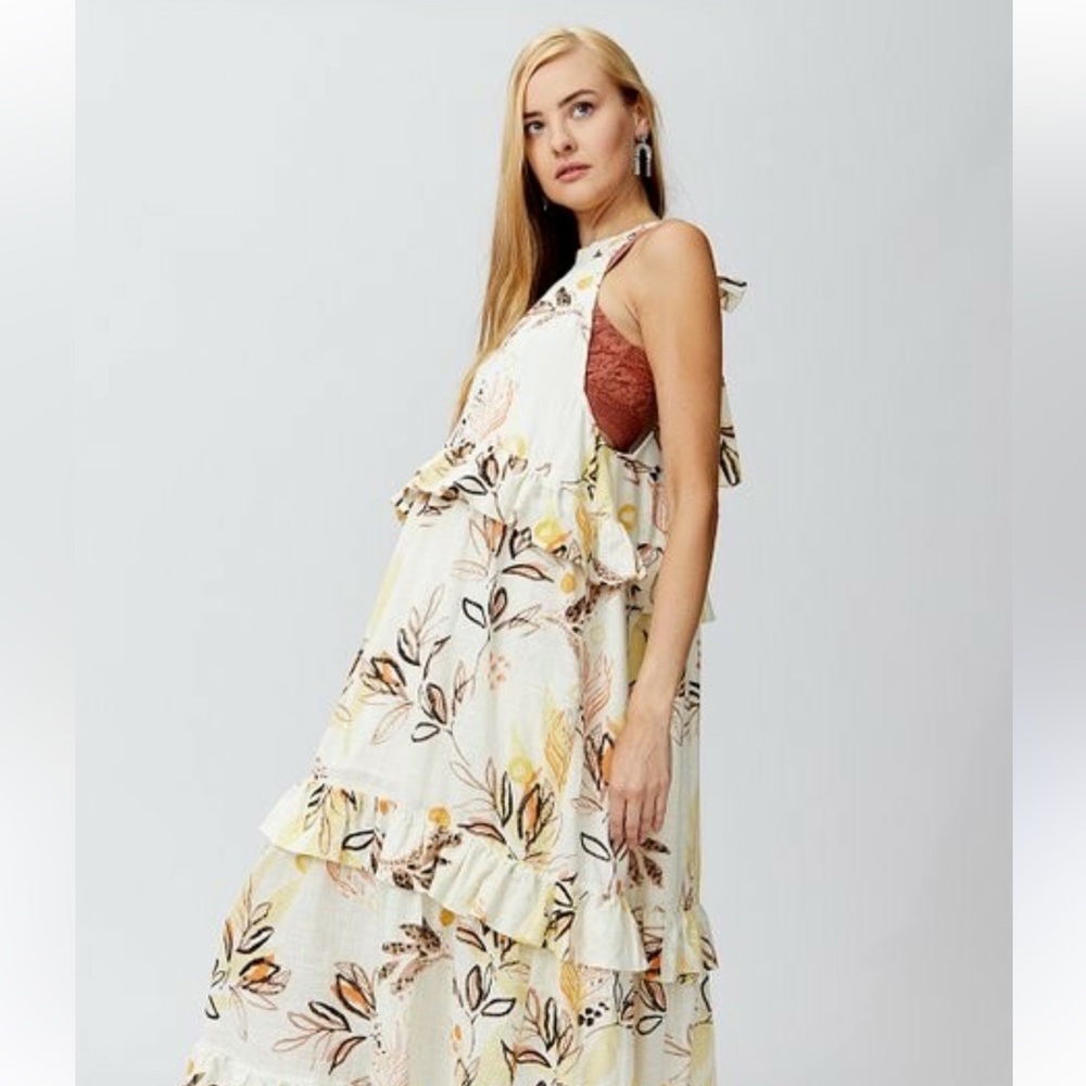 Free People Anita Printed Maxi Dress Ivory Floral Ruffle Tiered Boho Size Small